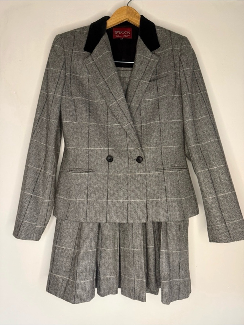 Vintage Sasson Gray Windowpane Blazer Jacket with Skirt Set Dog Show Attire 6/7